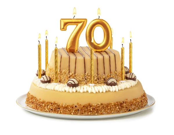 황금 촛불을 곁들인 축제 케이크 - 번호 70 — 스톡 사진