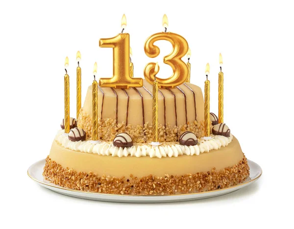 Ünnepi sütemény arany gyertyákkal-13-as szám — Stock Fotó
