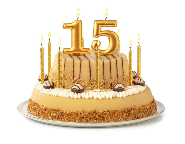 Festlig tårta med gyllene ljus-nummer 15 — Stockfoto
