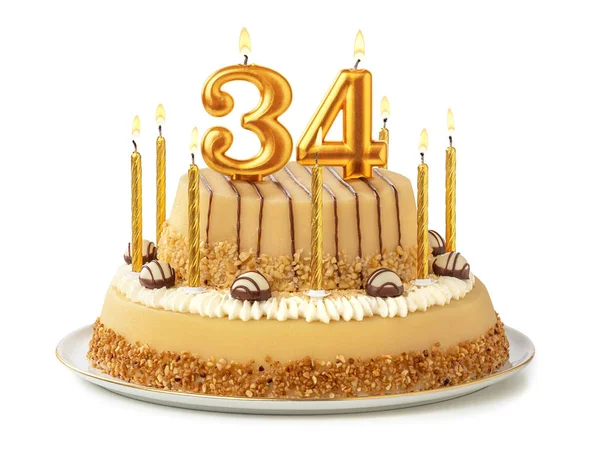 Feestelijke taart met gouden kaarsen-nummer 34 — Stockfoto
