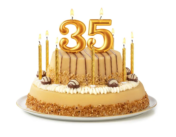 황금 촛불을 곁들인 축제 케이크 - 번호 35 — 스톡 사진