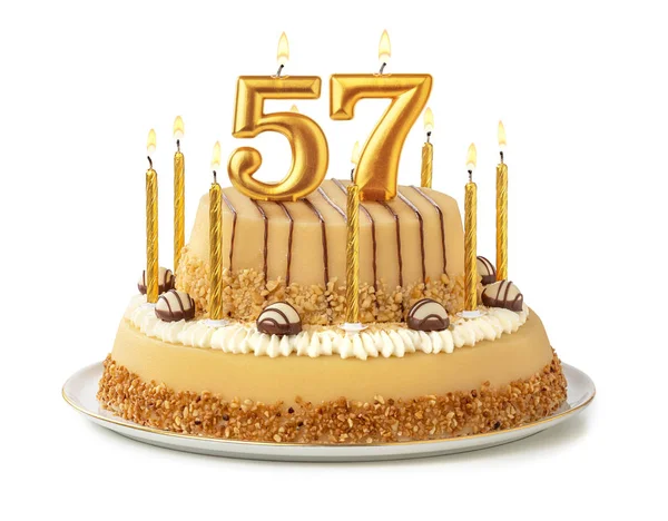 Pastel festivo con velas doradas - Número 57 — Foto de Stock