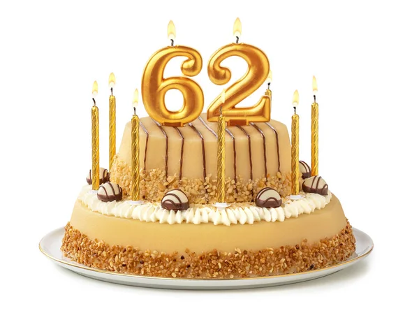 Festive cake with golden candles - Number 62 — Stock Photo, Image