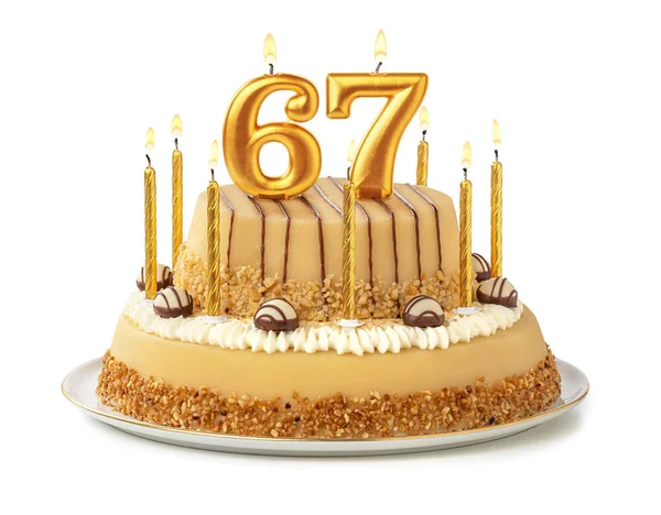 Festive cake with golden candles - Number 67 — Stock Photo, Image