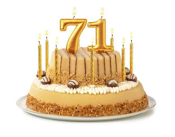 황금 촛불을 곁들인 축제 케이크 - 번호 71 — 스톡 사진