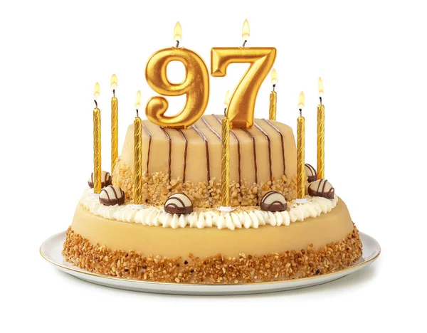 Feestelijke taart met gouden kaarsen-nummer 97 — Stockfoto