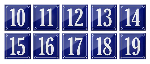 Zestaw tradycyjnych niebieskich znaków emaliowych-Numbers 10-19 — Zdjęcie stockowe