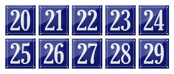 Zestaw tradycyjnych niebieskich znaków emaliowych-Numbers 20-29 — Zdjęcie stockowe