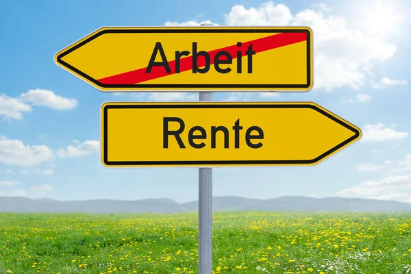 Two direction signs - Work or Retirement - Arbeit oder Rente (ge — Stock Photo, Image