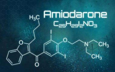 Chemical formula of Amiodarone on a futuristic background clipart