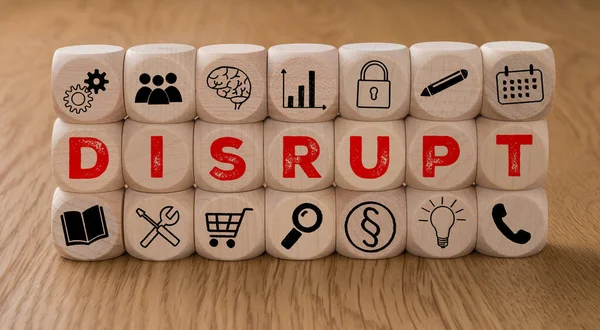 Dados Con Iconos Palabra Disrupt — Foto de Stock