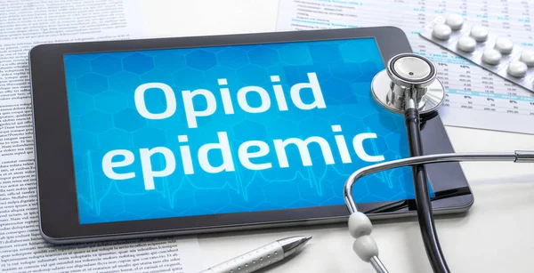 Palavra Epidemia Opioides Exibição Comprimido — Fotografia de Stock