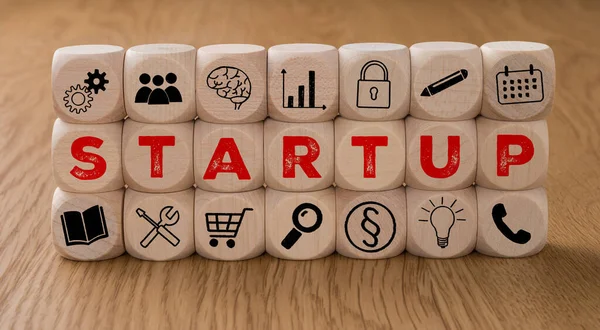 Kocka Ikonok Szó Startup — Stock Fotó