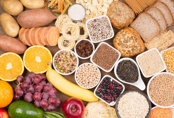 Food Sources Carbohydrates Top View Table — Stock Photo, Image