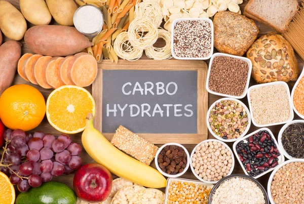 Food Sources Carbohydrates Top View Table — Stock Photo, Image