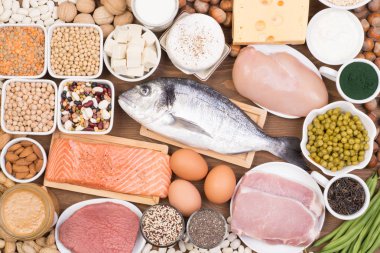 Balık, et süt ürünleri, bakliyat ve diğer gibi sağlıklı bir diyet proteinin çeşitli kaynaklardan