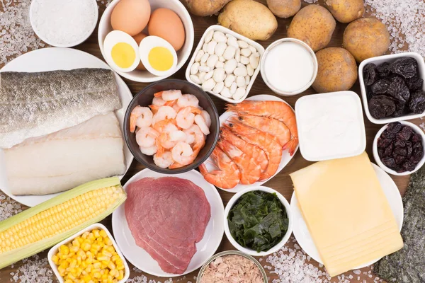Élelmiszer Gazdag Jód Különböző Természetes Forrásai Vitaminoknak Mikrotápanyagok — Stock Fotó