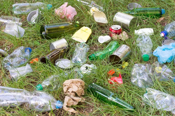 Мусор Пластиковые Стеклянные Бутылки Банки Банки Листки Бумаги Траве — стоковое фото