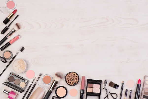 Makeup Cosmetics Eyeshadows Lipstick Mascara Makeup Accessories White Wooden Background — Stock Photo, Image