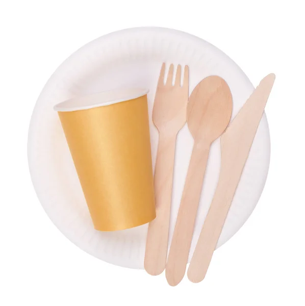 Disposable Paper Plate Cup Wooden Cutlery Isolated White Background — Stock Photo, Image