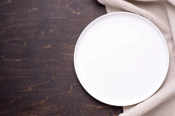 Empty White Plate Napkin Silver Cutlery Old Wooden Table Top — Stock Photo, Image