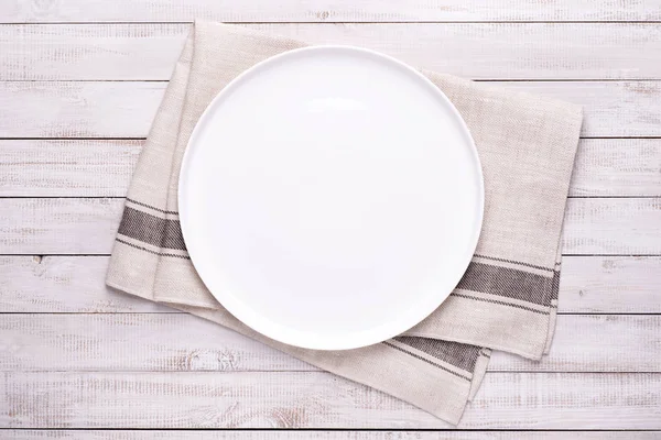 Empty White Plate Napkin Old Wooden Table Top View Copy — Stock Photo, Image