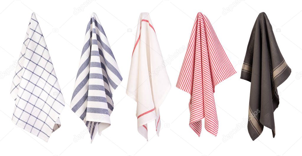 Hanging tea towels isolated on white background