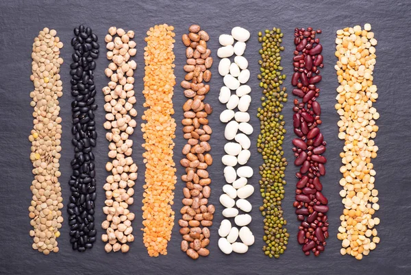 Legumes Lentils Chikpea Dry Peas Beans Stone Black Background Top — 스톡 사진