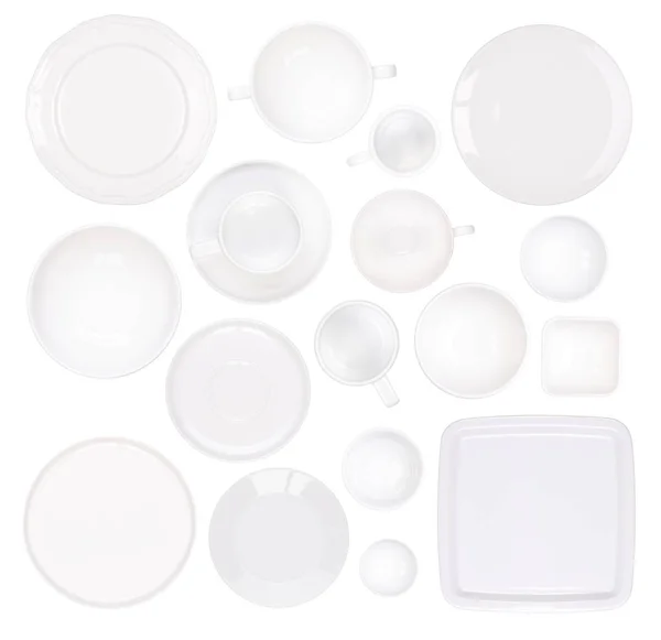 Platos Blancos Cuencos Tazas Tazas Aisladas Sobre Fondo Blanco —  Fotos de Stock