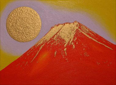 Yağlı boya, Fujiyoshida şehir Japonya 2018 üzerinden altın kırmızı Mt.Fuji
