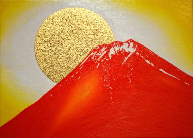 Yağlı boya, kırmızı Mt.Fuji Fujiyoshida şehir Japonya