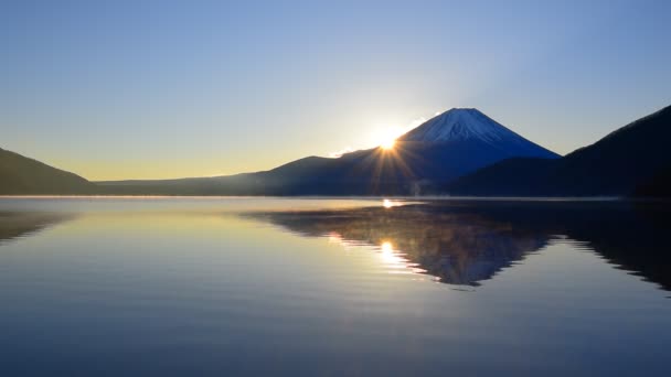 Fuji Salida Del Sol Desde Lago Motosu Japón Amplio Panorama — Vídeos de Stock