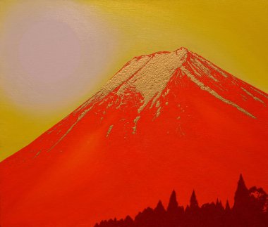 Yağlıboya resim kırmızı ve altın Mt.fuji Fujiyoshida şehir Japonya'dan