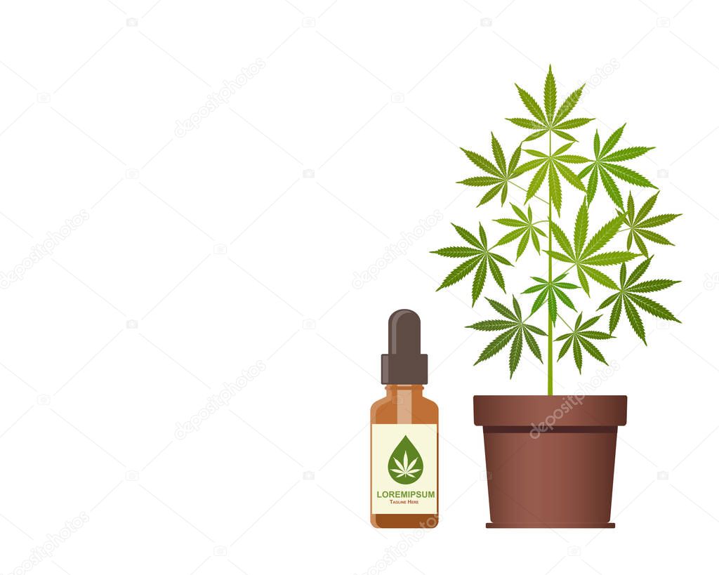 Marijuana plant and dropper with CBD oil. Cannabis Oil. Medical marijuana. CBD oil hemp products. Bottle mock up. Packaging product label and logo graphic template. Vector illustration with copy space