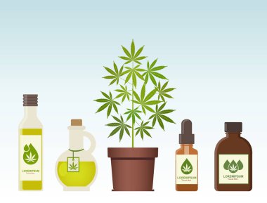 Esrar bitki ve kenevir yağı. Tıbbi marihuana. Kenevir yağı bir kavanoza. CBD yağı kenevir ürünleri. Petrol cam şişe kadar sahte. Ambalaj ürün etiket ve logo grafik şablonu. Vektör çizim.