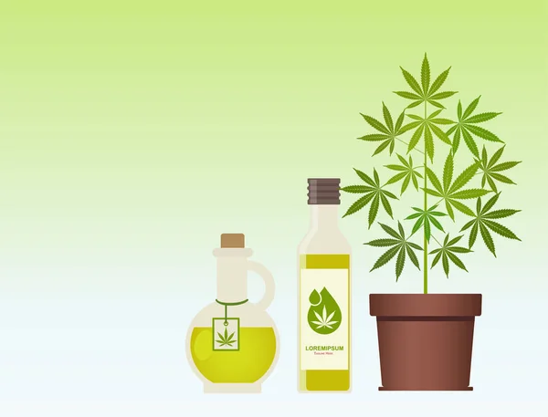 マリファナの植物と大麻油 大麻油瓶の中 生物多様性条約油麻製品 オイル瓶はモックアップ 包装製品のラベルおよびロゴ グラフィック テンプレート コピー スペースのベクトル図 — ストックベクタ