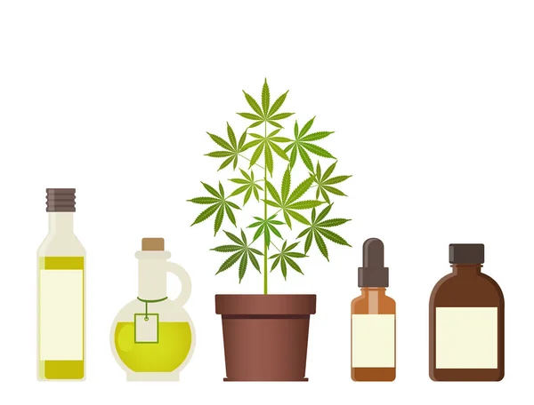 Marihuanapflanze Und Cannabisöl Medizinisches Marihuana Hanföl Einem Glas Cbd Hanfprodukte — Stockvektor