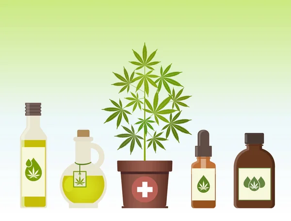 Planta Marihuana Aceite Cannabis Marihuana Medicinal Aceite Cáñamo Frasco Productos — Vector de stock