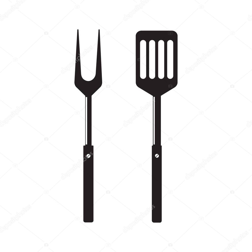 BBQ or grill tools icon. Barbecue fork with spatula. Black simple silhouette. Symbol Template Logo. Vector illustration flat design. Isolated on white background.