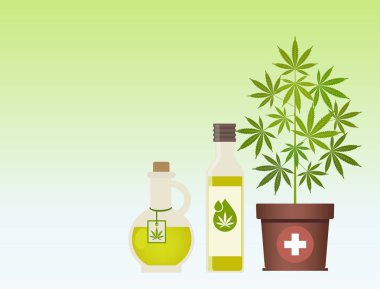 Esrar bitki ve kenevir yağı. Kenevir yağı bir kavanoza. CBD yağı kenevir ürünleri. Petrol cam şişe kadar sahte. Ambalaj ürün etiket ve logo grafik şablonu. Vektör çizim kopya alanı ile.