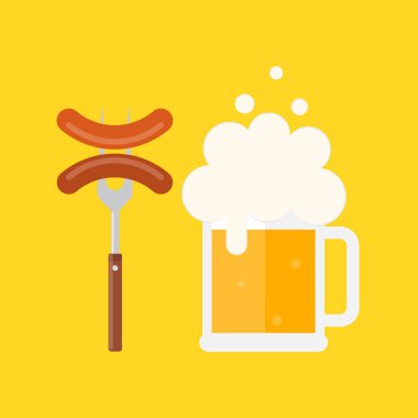 Bira kupa köpük ve sosis çatal üzerinde. Sosis barbekü çatalı üzerinde. Izgara sosis. Vektör çizim düz tasarımı. İzole.
