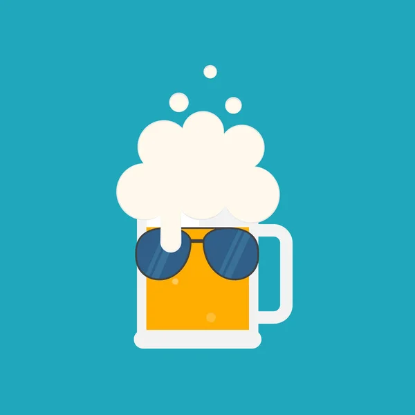 Caneca Cerveja Com Espuma Óculos Sol Ilustração Vetorial Plana Isolados — Vetor de Stock