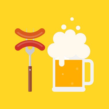 Bira kupa köpük ve sosis çatal üzerinde. Sosis barbekü çatalı üzerinde. Izgara sosis. Vektör çizim düz tasarımı. İzole.