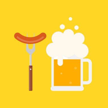 Bira kupa köpük ve sosis çatal üzerinde. Sosis barbekü çatalı üzerinde. Izgara sosis. Vektör çizim düz tasarımı. İzole.