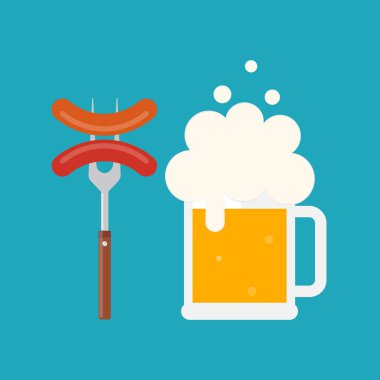 Bira kupa köpük ve sosis çatal üzerinde. Sosis barbekü çatalı üzerinde. Izgara sosis. Vektör çizim düz tasarımı. İzole.