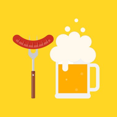 Bira kupa köpük ve sosis üzerinde bir barbekü çatalı. Izgara sosis. Bavyera sosis. Vektör çizim düz tasarımı. İzole.