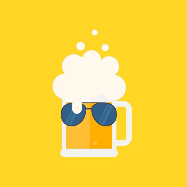 Taza Cerveza Con Espuma Gafas Sol Ilustración Vectorial Plana Aislado — Vector de stock