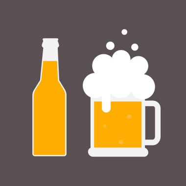 Bira şişe ve bardak bira. Bira simgesi. Cam bira alay. Sembol şablonu Logo. İzole vektör çizim.