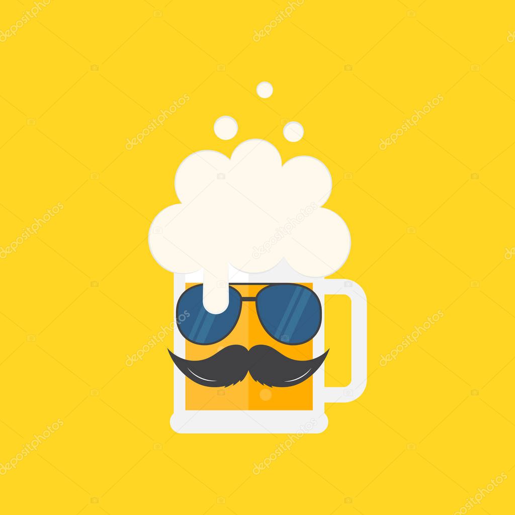 Beer mug with sunglasses and a mustache. Oktoberfest beer festival hipster poster design. Symbol Template Logo. Vector illustration flat design. Isolated.