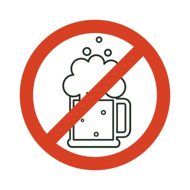 Alkol yok gibi. Alkol içecekler yasaklayan. Bira bardağı ile kırmızı yasak sembolü. İzole vektör çizim.
